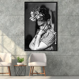 Portrait Frida Khalo Black And White Framed Canvas Prints Wall Art, Floating Frame, Large Canvas Home Decor