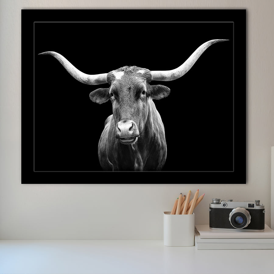 Portrait Of Texas Longhorn Cow With A Black Background Framed Art Print Wall Decor - Painting Art, Framed Picture, Home Decor