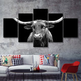 Portrait Of Texas Longhorn Cow With A Black Background 5 Piece Multi Panels Canvas Prints Wall Art - Painting Canvas,Wall Decor