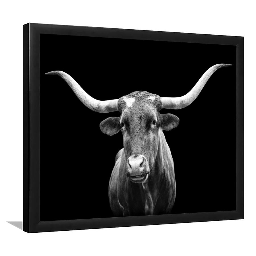 Portrait Of Texas Longhorn Cow With A Black Background Framed Art Print Wall Decor - Painting Art, Framed Picture, Home Decor