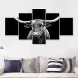 Portrait Of Texas Longhorn Cow With A Black Background 5 Piece Multi Panels Canvas Prints Wall Art - Painting Canvas,Wall Decor
