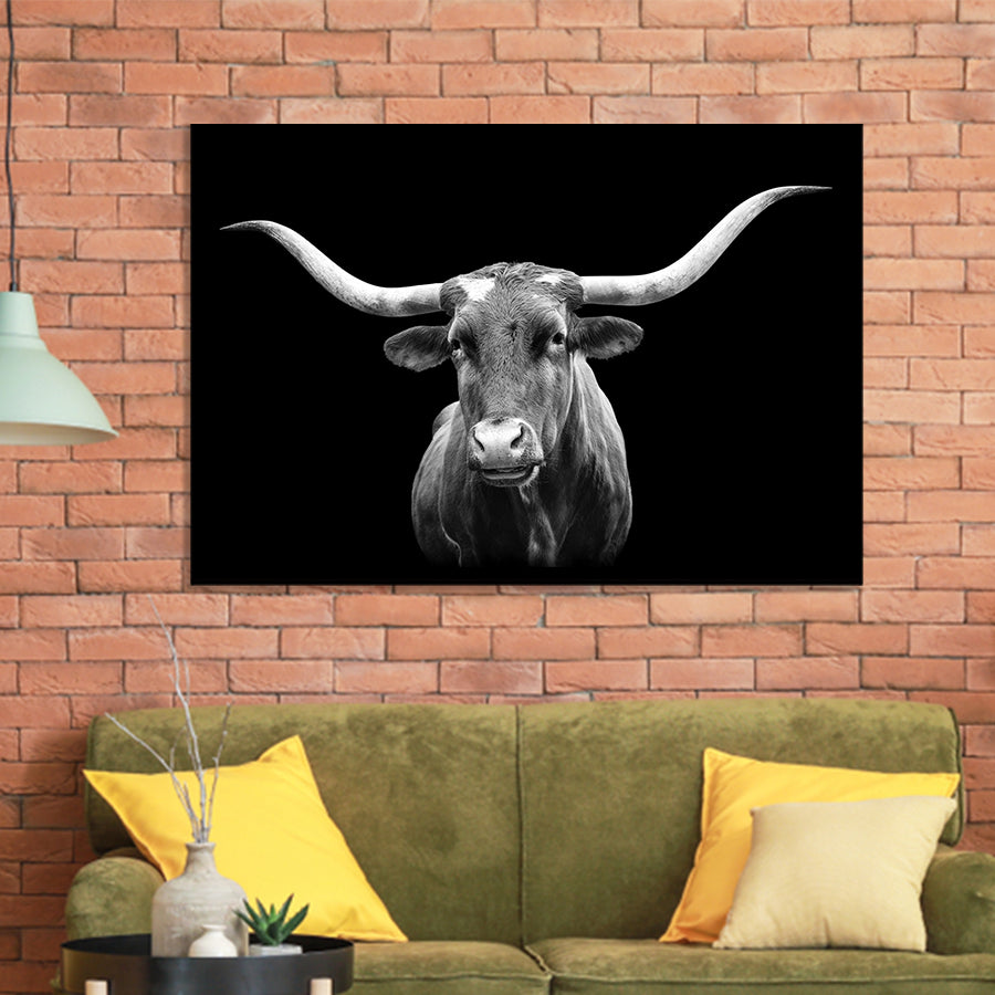 Portrait Of Texas Longhorn Cow With A Black Background Framed Art Print Wall Decor - Painting Art, Framed Picture, Home Decor