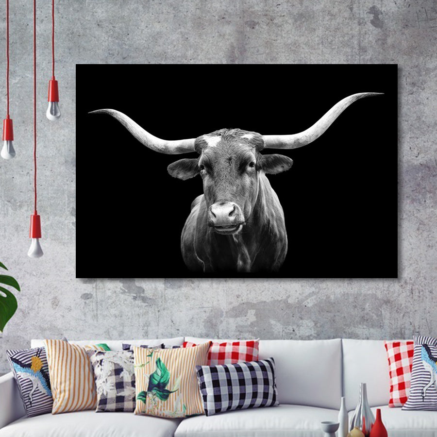 Portrait Of Texas Longhorn Cow With A Black Background Framed Art Print Wall Decor - Painting Art, Framed Picture, Home Decor