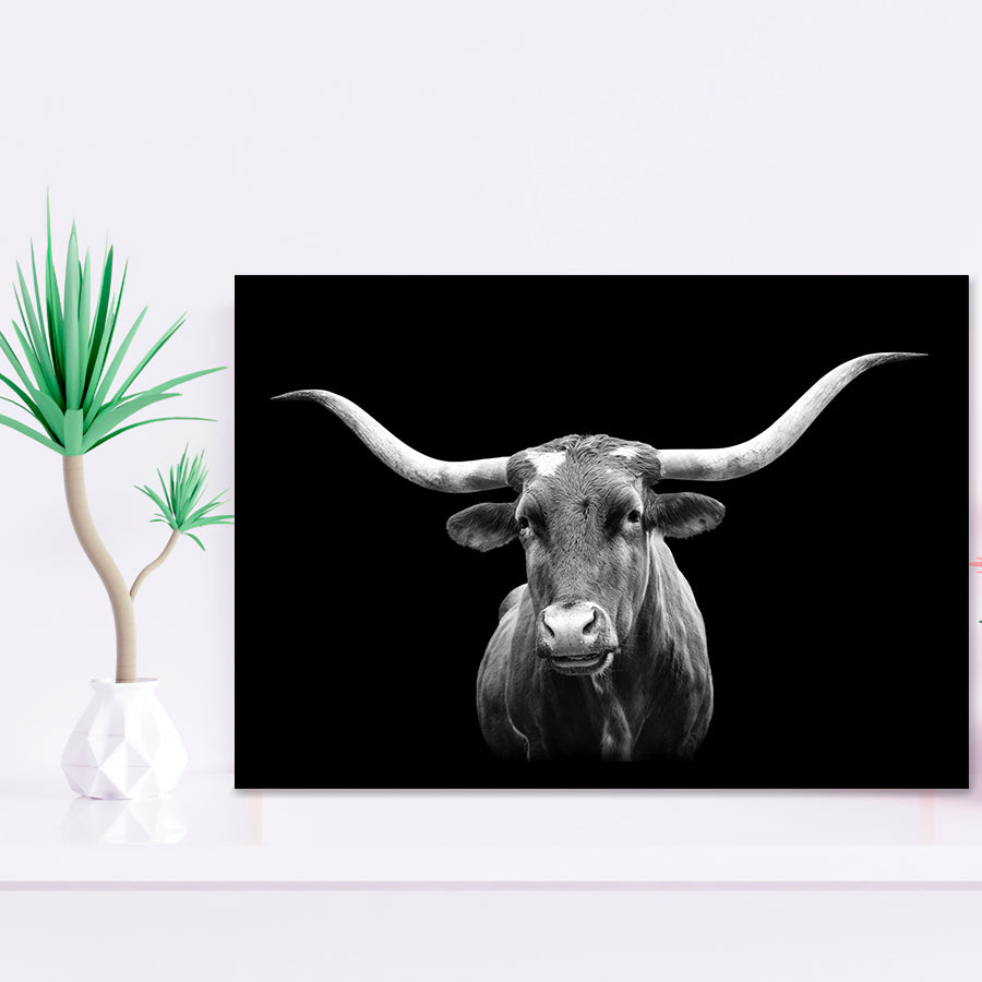 Portrait Of Texas Longhorn Cow With A Black Background Framed Art Print Wall Decor - Painting Art, Framed Picture, Home Decor