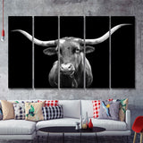 Portrait Of Texas Longhorn Cow With A Black Background 5 Piece B Multi Panels Canvas Prints Wall Art - Painting Canvas,Wall Decor