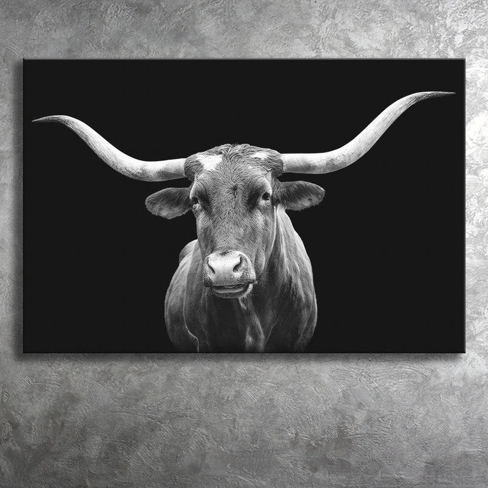 Portrait Of Texas Longhorn Cow With A Black Background Canvas Prints Wall Art - Painting Canvas,Wall Decor,Art Print,Home Decor