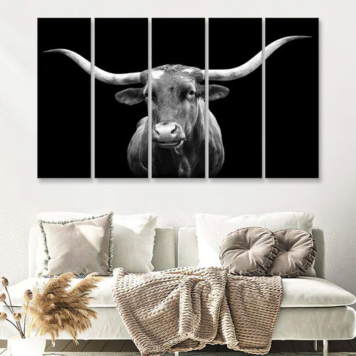 Portrait Of Texas Longhorn Cow With A Black Background 5 Piece B Multi Panels Canvas Prints Wall Art - Painting Canvas,Wall Decor