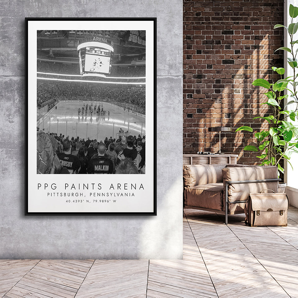 Ppg Paints Arena Pittsburgh Penguins Black And White Art Framed Canvas Prints Wall Art Home Decor, Floating Frame