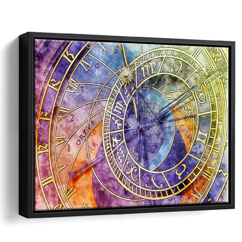 Prague Astronomical Clock Canvas Art, Czech Framed Canvas Prints Wall Art Decor, Black Floating Frame
