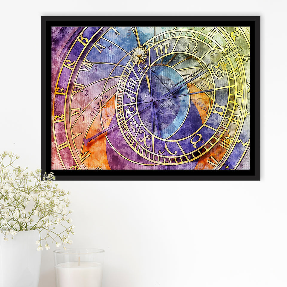 Prague Astronomical Clock Canvas Art, Czech Framed Canvas Prints Wall Art Decor, Black Floating Frame