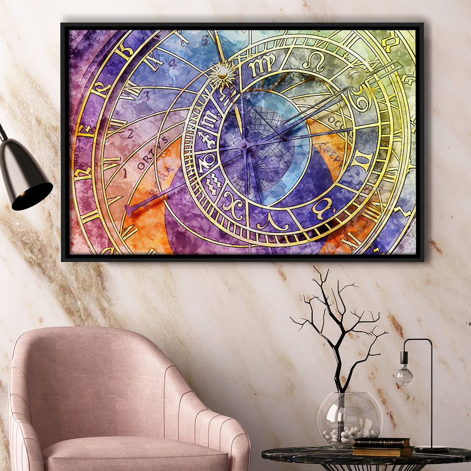 Prague Astronomical Clock Canvas Art, Czech Framed Canvas Prints Wall Art Decor, Black Floating Frame