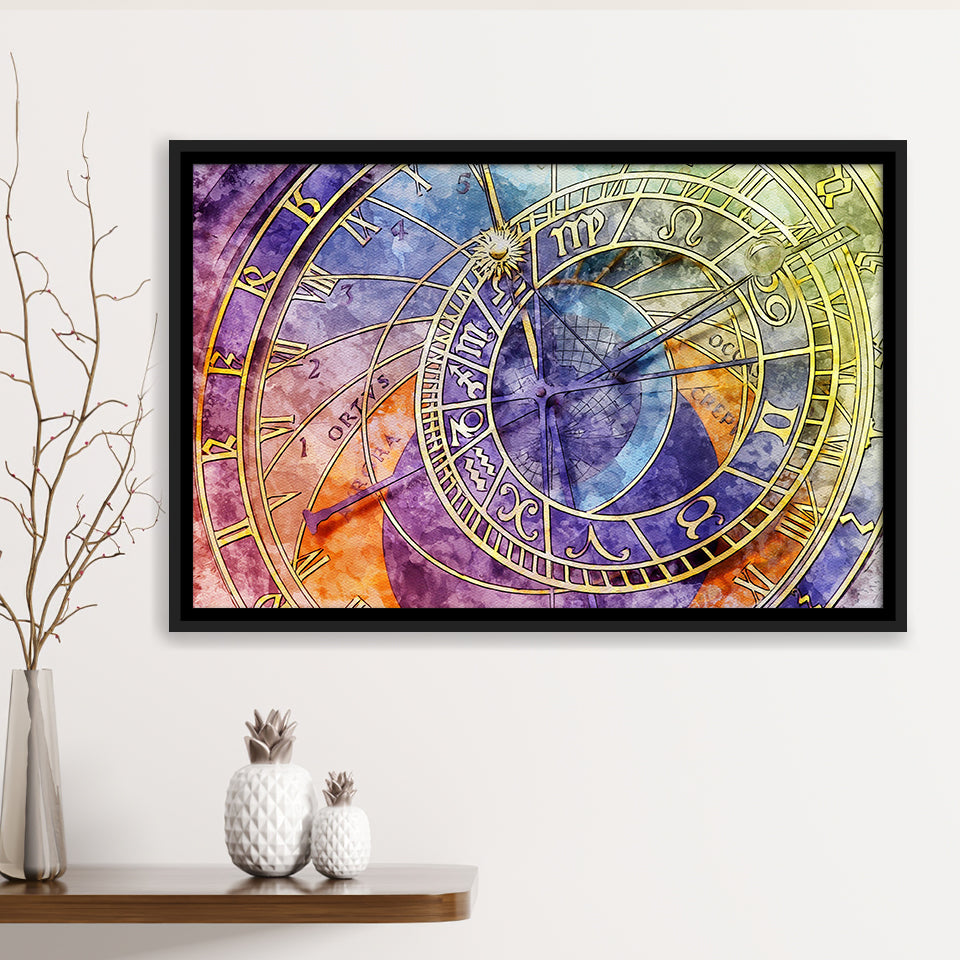 Prague Astronomical Clock Canvas Art, Czech Framed Canvas Prints Wall Art Decor, Black Floating Frame