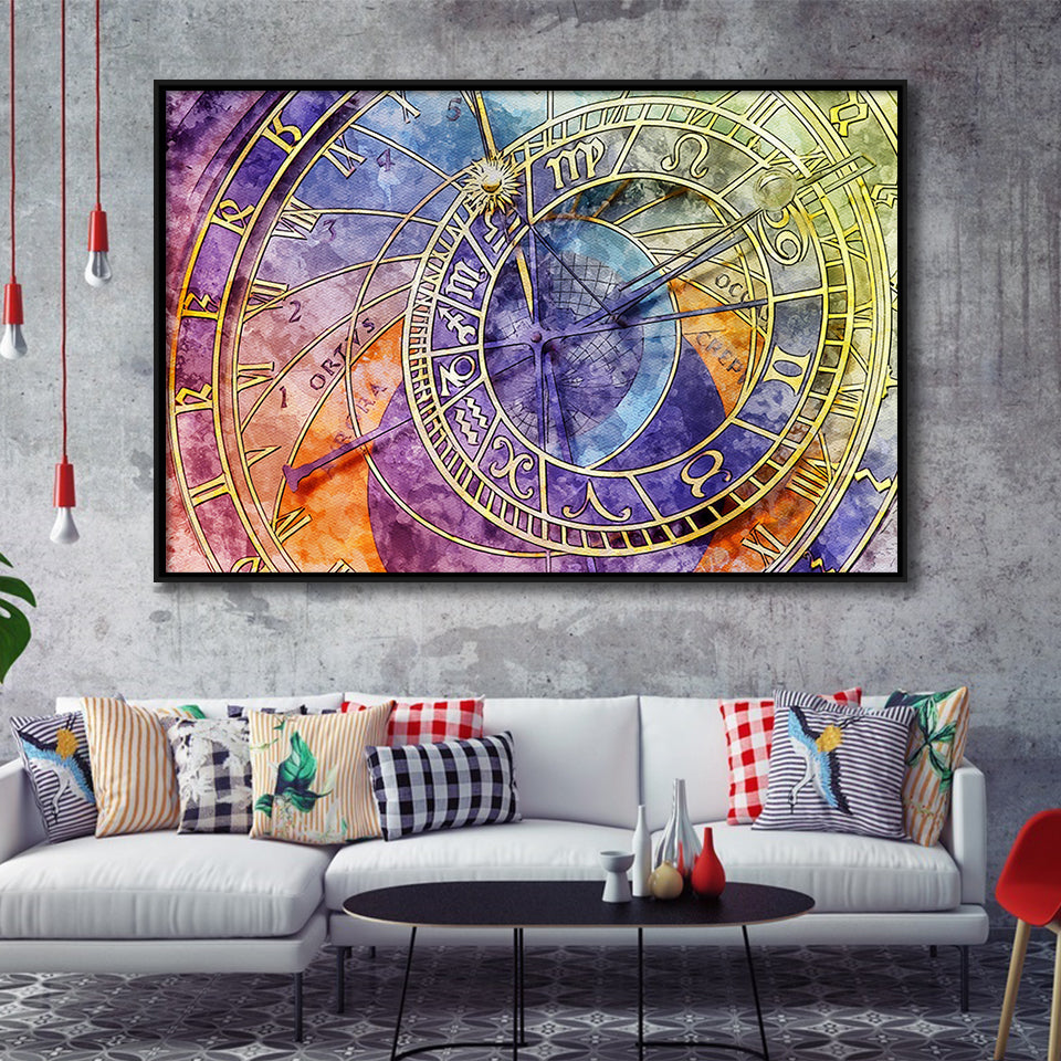 Prague Astronomical Clock Canvas Art, Czech Framed Canvas Prints Wall Art Decor, Black Floating Frame