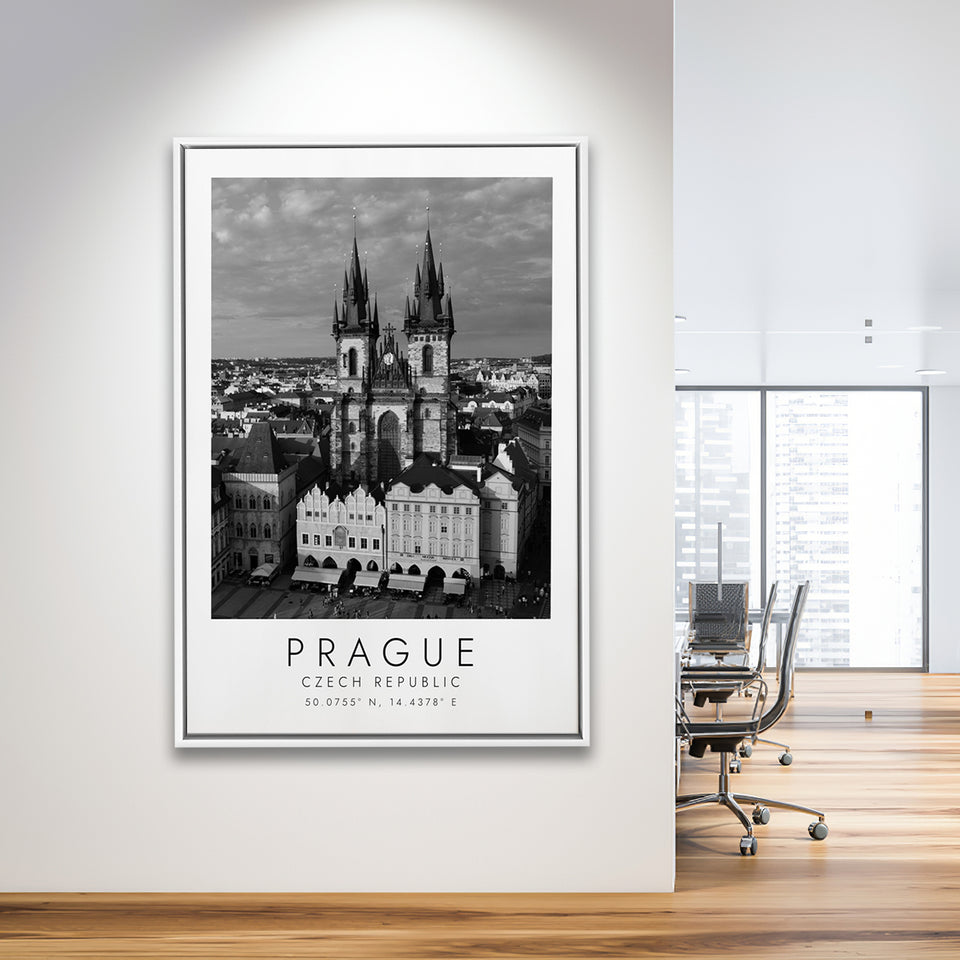 Prague, Czech Republic Black And White Art Framed Canvas Prints Wall Art Home Decor, Floating Frame
