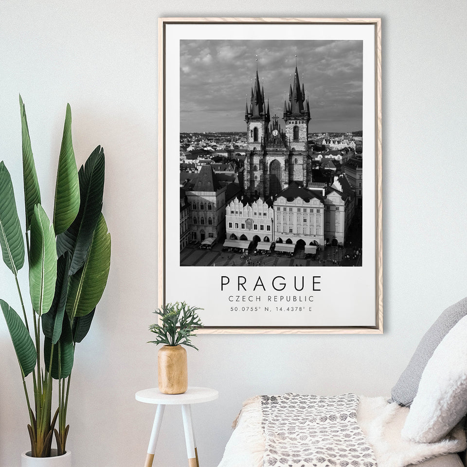 Prague, Czech Republic Black And White Art Framed Canvas Prints Wall Art Home Decor, Floating Frame