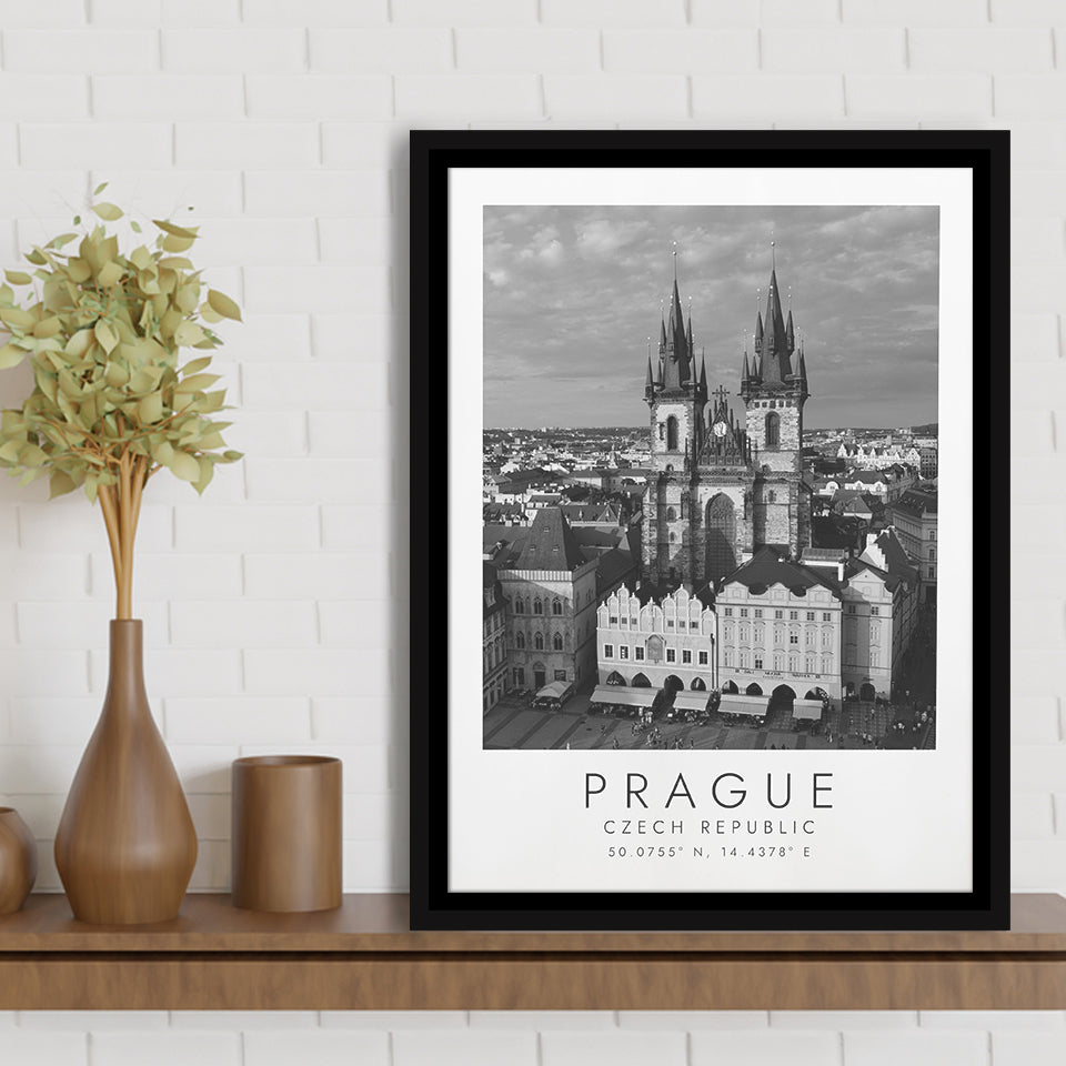 Prague, Czech Republic Black And White Art Framed Canvas Prints Wall Art Home Decor, Floating Frame