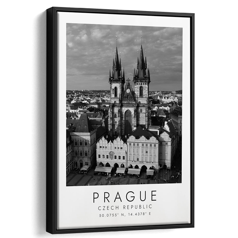 Prague, Czech Republic Black And White Art Framed Canvas Prints Wall Art Home Decor, Floating Frame