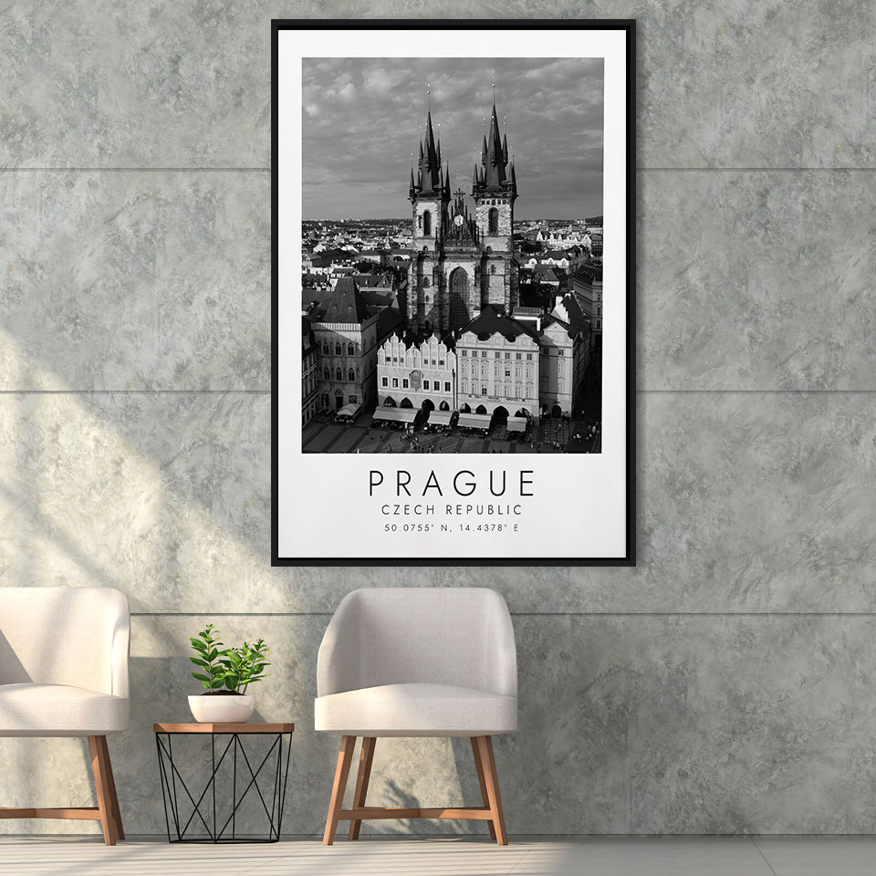 Prague, Czech Republic Black And White Art Framed Canvas Prints Wall Art Home Decor, Floating Frame