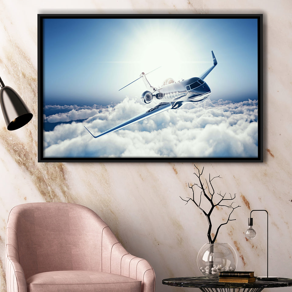 Private Jet Passenger Airplane Framed Canvas Prints Wall Art Decor - Painting Canvas, Black Framed Picture