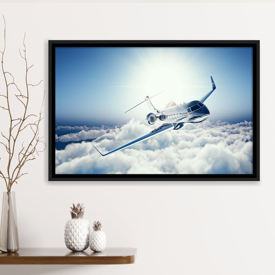 Private Jet Passenger Airplane Framed Canvas Prints Wall Art Decor - Painting Canvas, Black Framed Picture