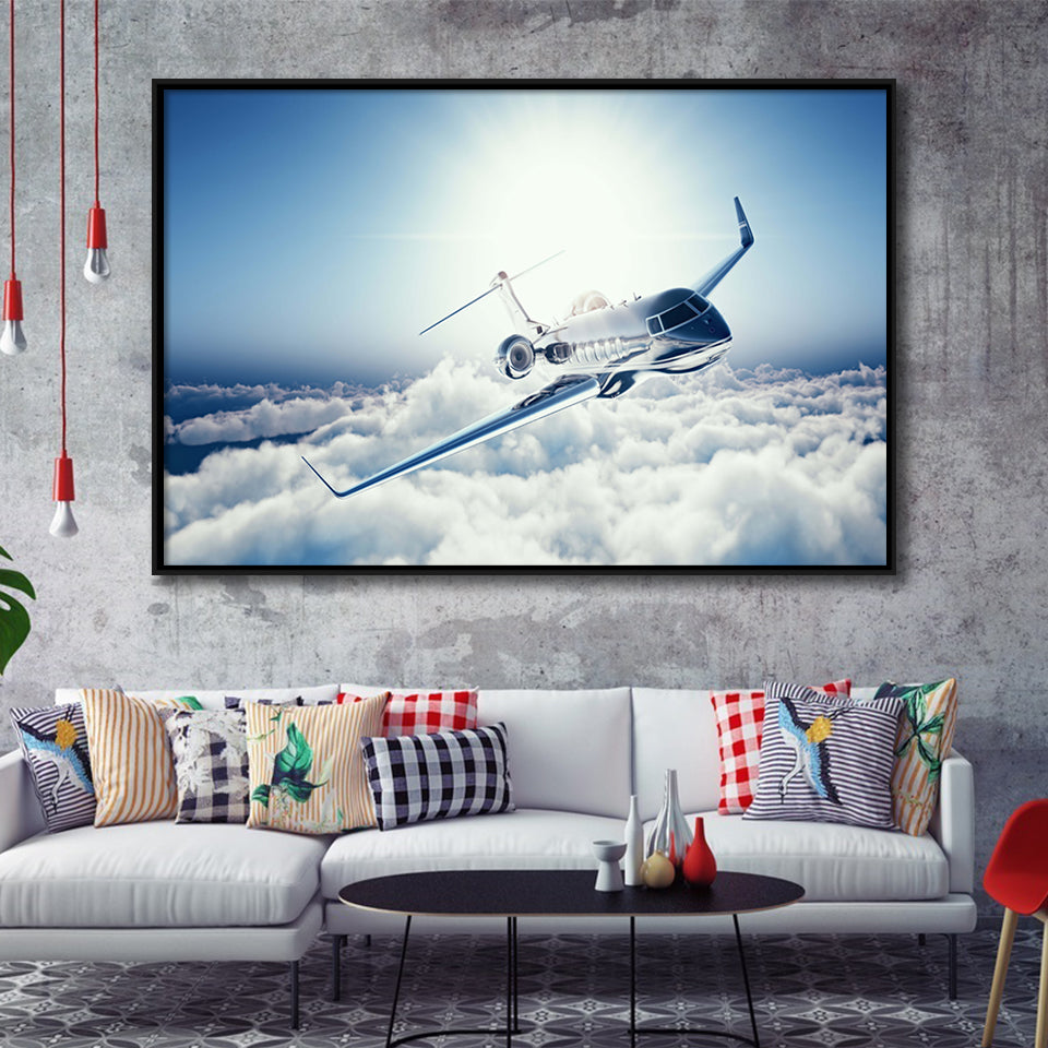 Private Jet Passenger Airplane Framed Canvas Prints Wall Art Decor - Painting Canvas, Black Framed Picture