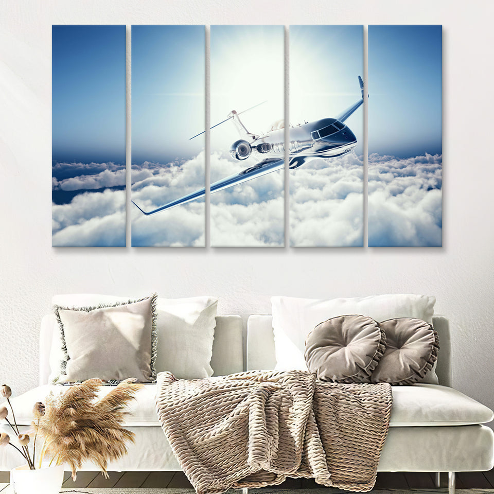Private Jet Passenger Airplane 5 Piece B Canvas Prints Wall Art Decor - Painting Canvas, Multi Panels