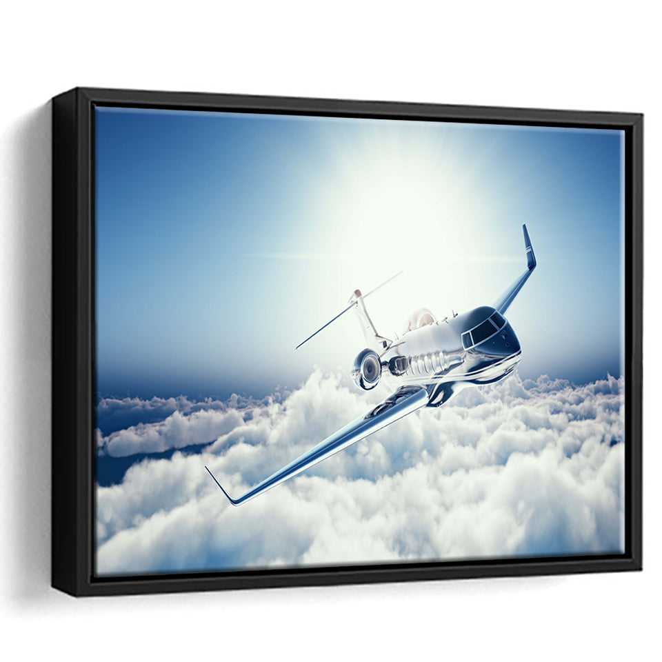 Private Jet Passenger Airplane Framed Canvas Prints Wall Art Decor - Painting Canvas, Black Framed Picture
