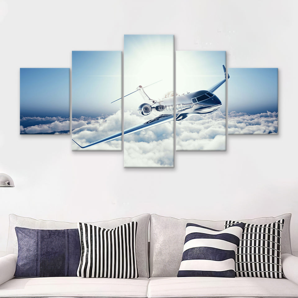 Private Jet Passenger Airplane 5 Piece Canvas Prints Wall Art Decor - Painting Canvas, Multi Panels