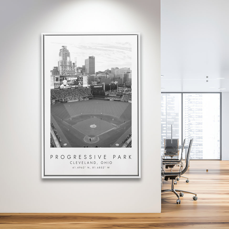 Progressive Field Cleveland Indians Baseball Lovers Black And White Framed Canvas Prints Wall Art Home Decor, Floating Frame