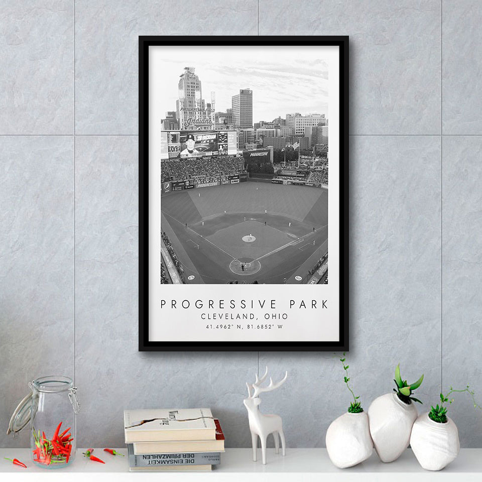 Progressive Field Cleveland Indians Baseball Lovers Black And White Framed Canvas Prints Wall Art Home Decor, Floating Frame