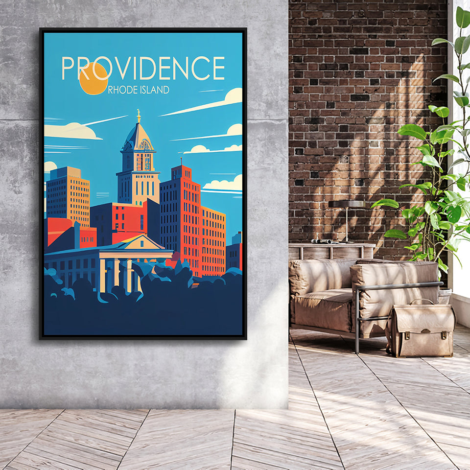 Providence Rhode Island Retro Art Print, Large Canvas, Framed Canvas Print Wall Art Home Decor, Floating Frame