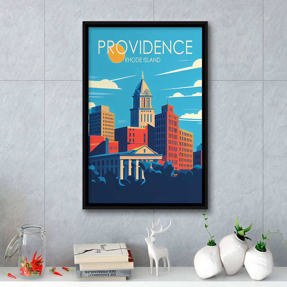 Providence Rhode Island Retro Art Print, Large Canvas, Framed Canvas Print Wall Art Home Decor, Floating Frame