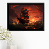 Prrate Ship In Sunset Framed Canvas Prints Wall Art Home Decor, Painting Canvas, Floating Frame