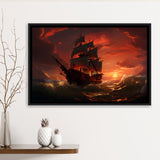Prrate Ship In Sunset Framed Canvas Prints Wall Art Home Decor, Painting Canvas, Floating Frame