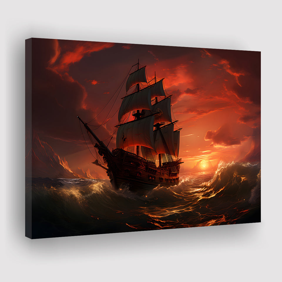 Prrate Ship In Sunset Canvas Prints Wall Art Home Decor, Painting Canvas, Living Room Wall Decor