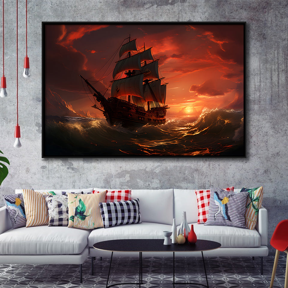 Prrate Ship In Sunset Framed Canvas Prints Wall Art Home Decor, Painting Canvas, Floating Frame