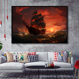 Prrate Ship In Sunset Framed Canvas Prints Wall Art Home Decor, Painting Canvas, Floating Frame
