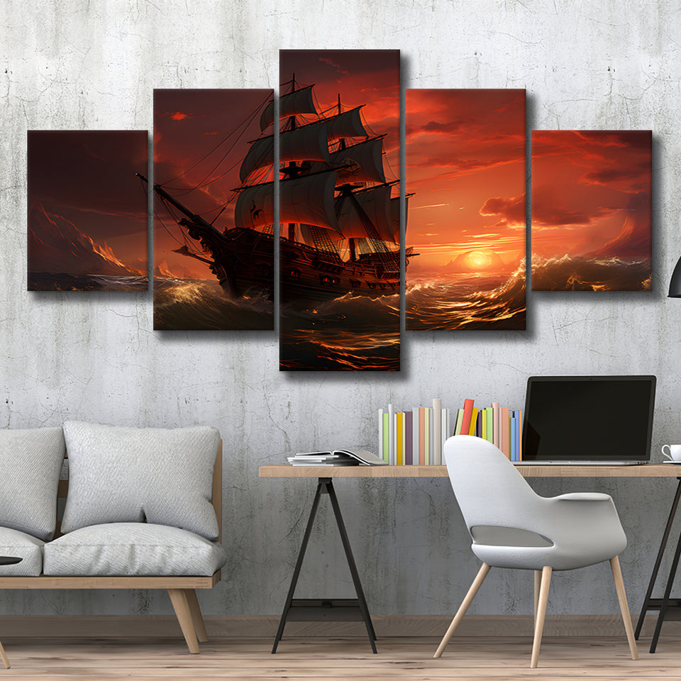Prrate Ship In Sunset 5 Panels Canvas Prints Wall Art Home Decor, Large Mixed Canvas