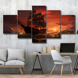 Prrate Ship In Sunset 5 Panels Canvas Prints Wall Art Home Decor, Large Mixed Canvas