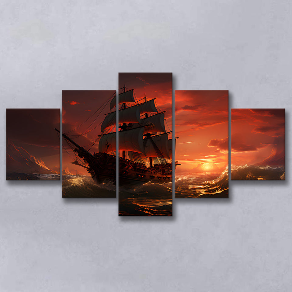 Prrate Ship In Sunset 5 Panels Canvas Prints Wall Art Home Decor, Large Mixed Canvas