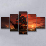 Prrate Ship In Sunset 5 Panels Canvas Prints Wall Art Home Decor, Large Mixed Canvas