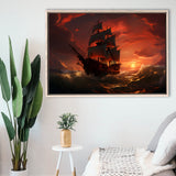 Prrate Ship In Sunset Framed Canvas Prints Wall Art Home Decor, Painting Canvas, Floating Frame