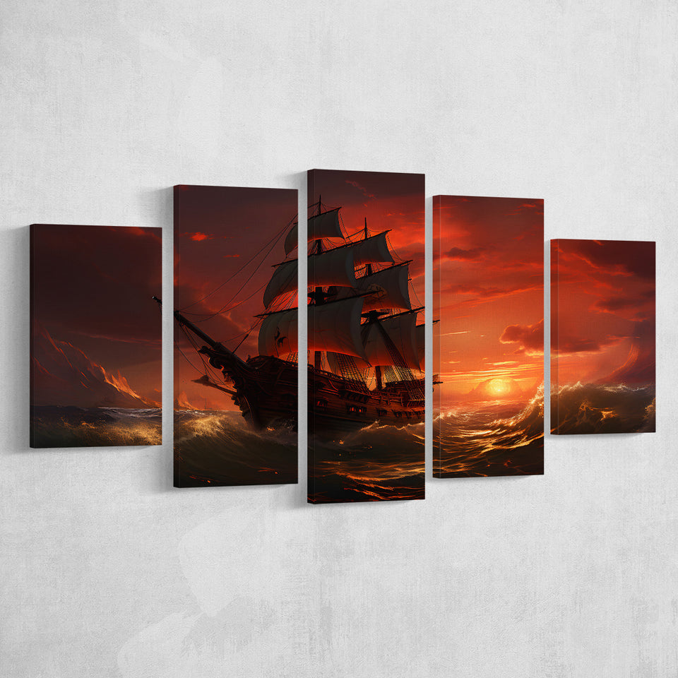 Prrate Ship In Sunset 5 Panels Canvas Prints Wall Art Home Decor, Large Mixed Canvas