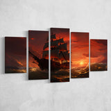 Prrate Ship In Sunset 5 Panels Canvas Prints Wall Art Home Decor, Large Mixed Canvas