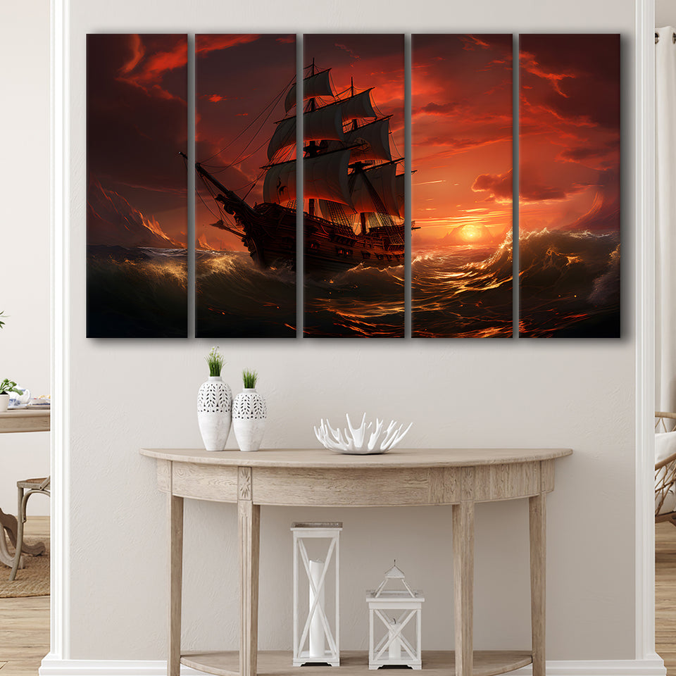 Prrate Ship In Sunset 5 Panels B Canvas Prints Wall Art Home Decor, Extra Large Canvas