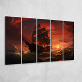 Prrate Ship In Sunset 5 Panels B Canvas Prints Wall Art Home Decor, Extra Large Canvas