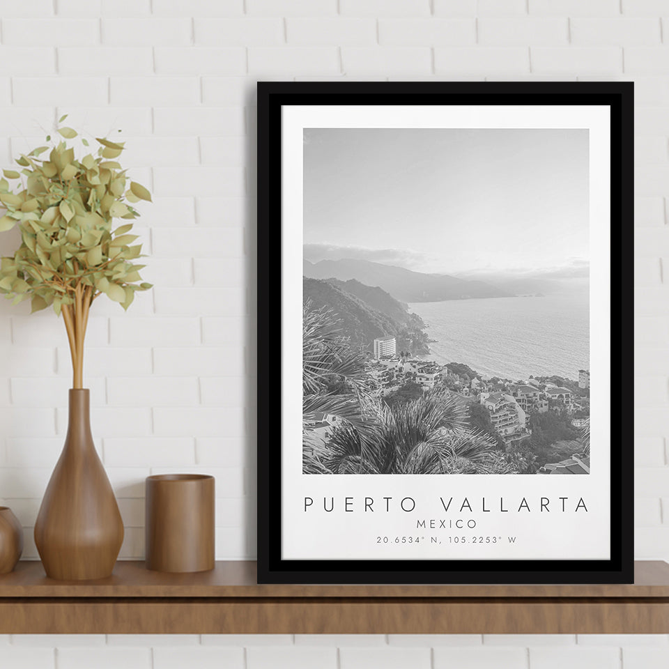 Puerto Vallarta Mexico Black And White Art Framed Canvas Prints Wall Art Home Decor, Floating Frame