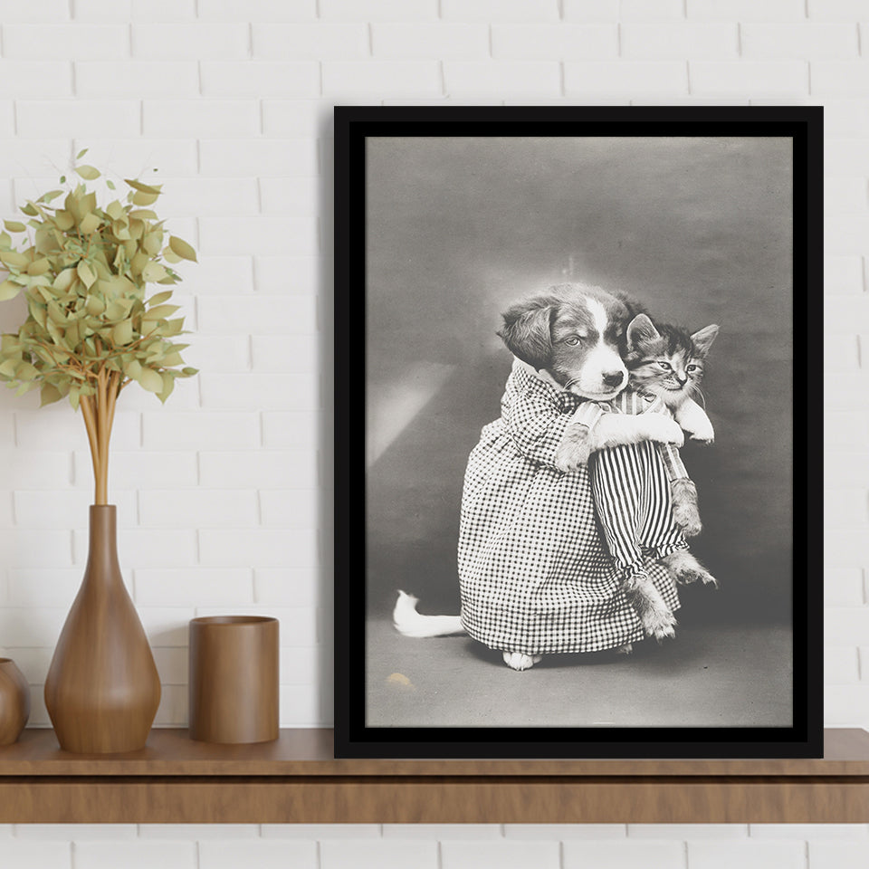 Puppy And Kitten Animal Friends Black And White Print, Funny Framed Canvas Prints Wall Art Home Decor, Floating Frame