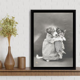 Puppy And Kitten Animal Friends Black And White Print, Funny Framed Canvas Prints Wall Art Home Decor, Floating Frame
