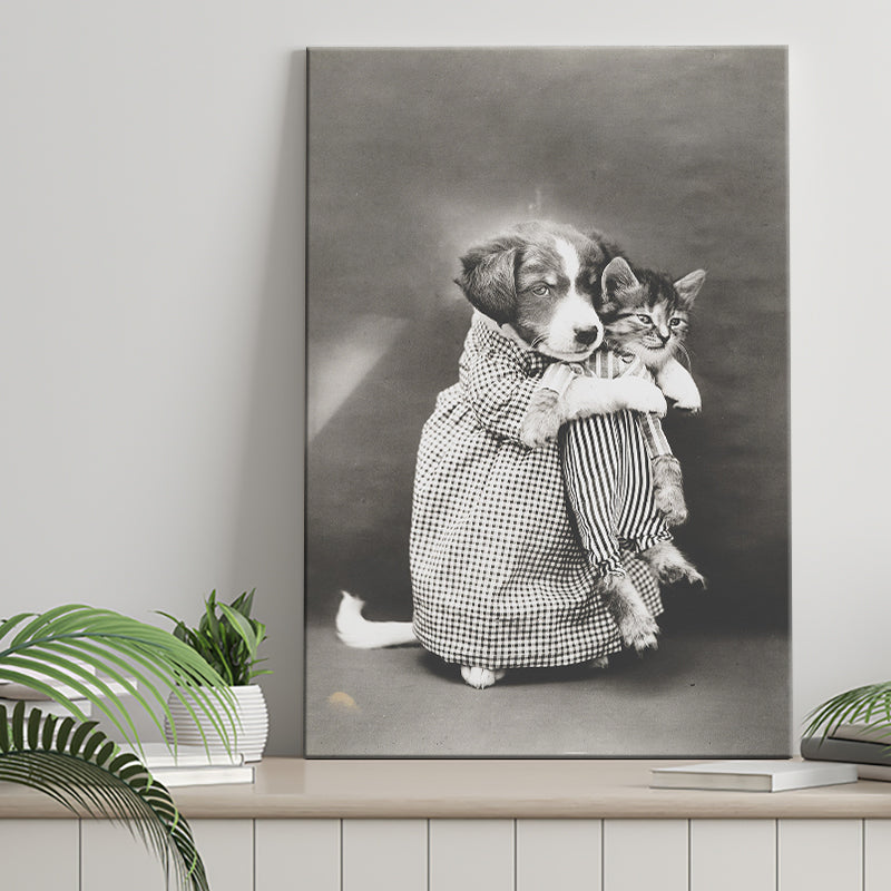 Puppy And Kitten Animal Friends Black And White Print, Funny Canvas Prints Wall Art Home Decor